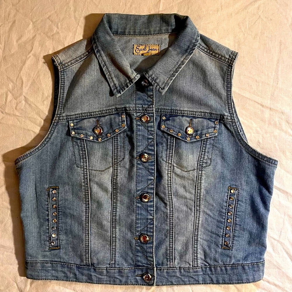 Earl Jean Denim Vest with Medusa Patch, Size Medium